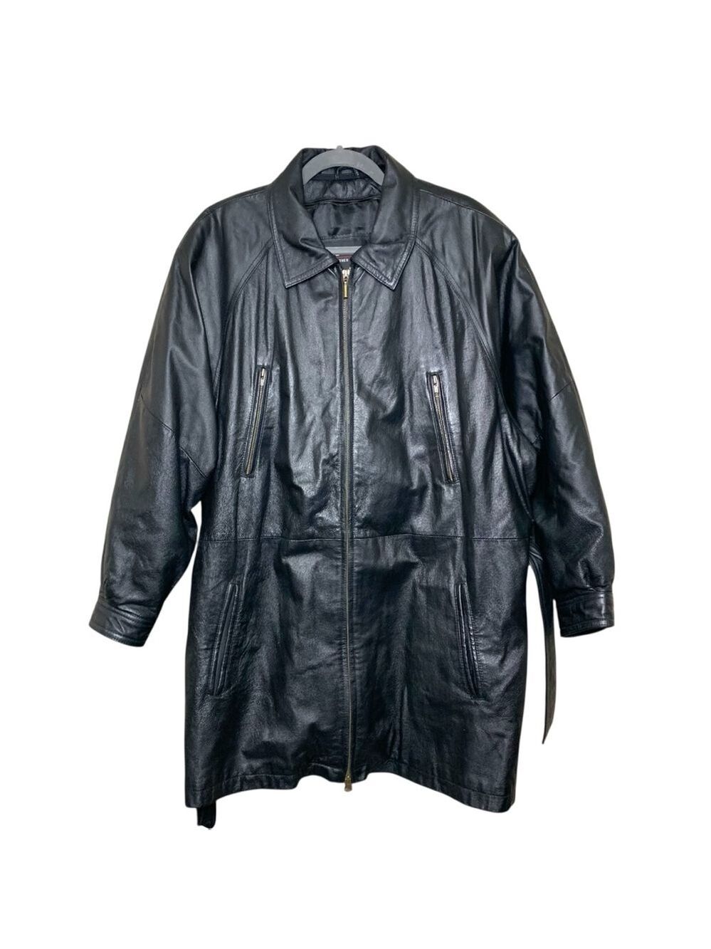 Vintage 90s Wilson's Black Leather Zip Jacket Sz XL-XXL Mid Length Belted Coat